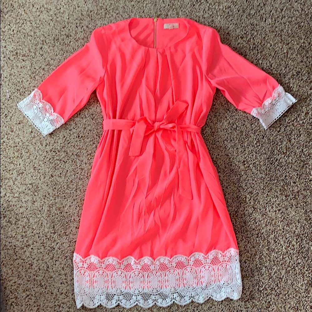GB girls neon pink dress with white lace trim